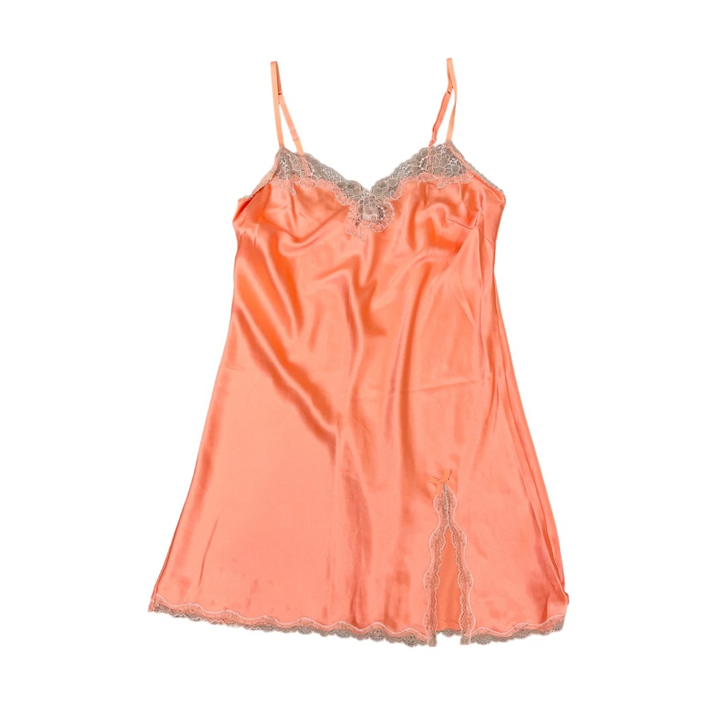 Victoria's Secret Orange Satin Lace Slip Dress Gold Sequin Trim Coquette SMALL